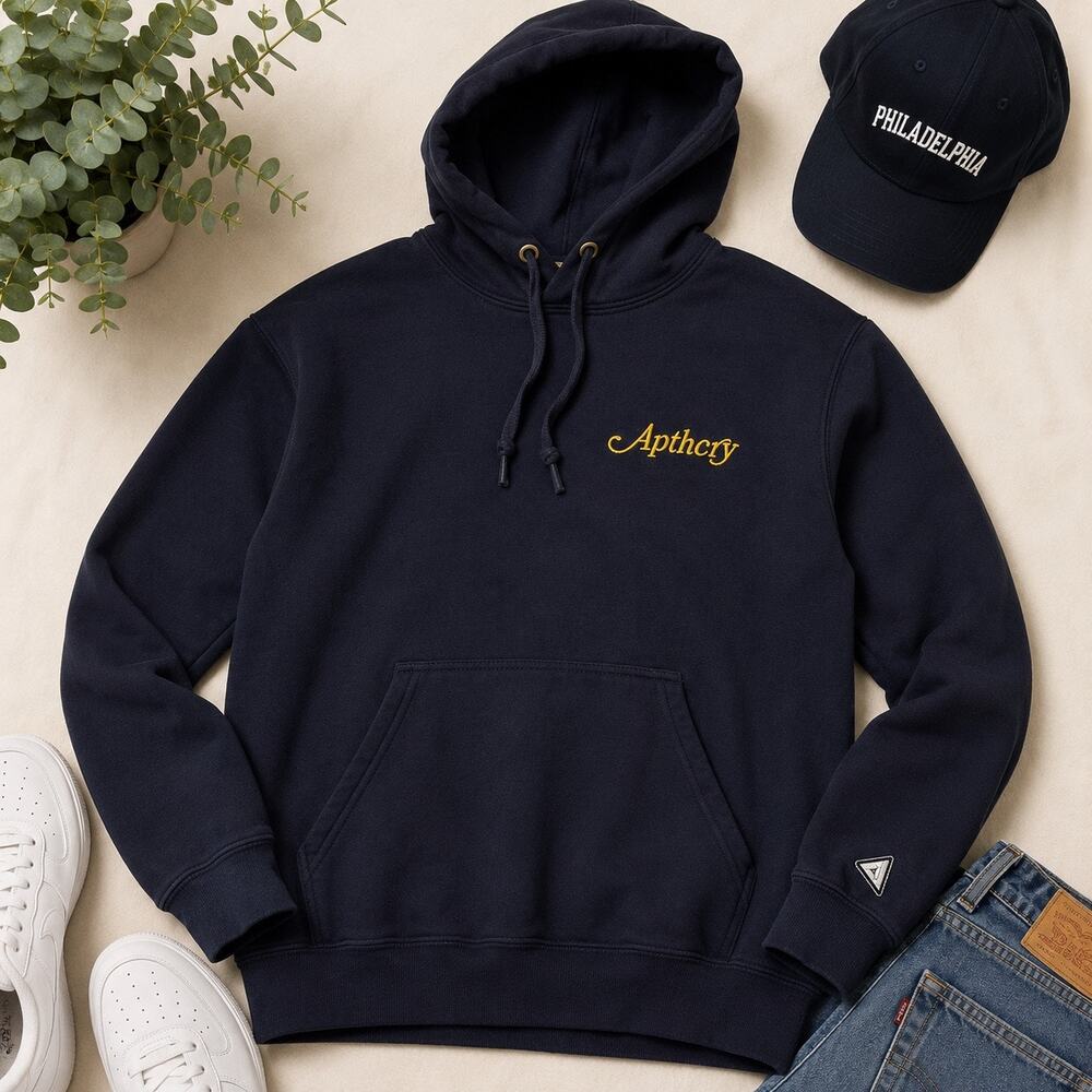 Apthcry Philadelphia Hoodie Large Navy Embroidered Logo Pullover Sweatshirt